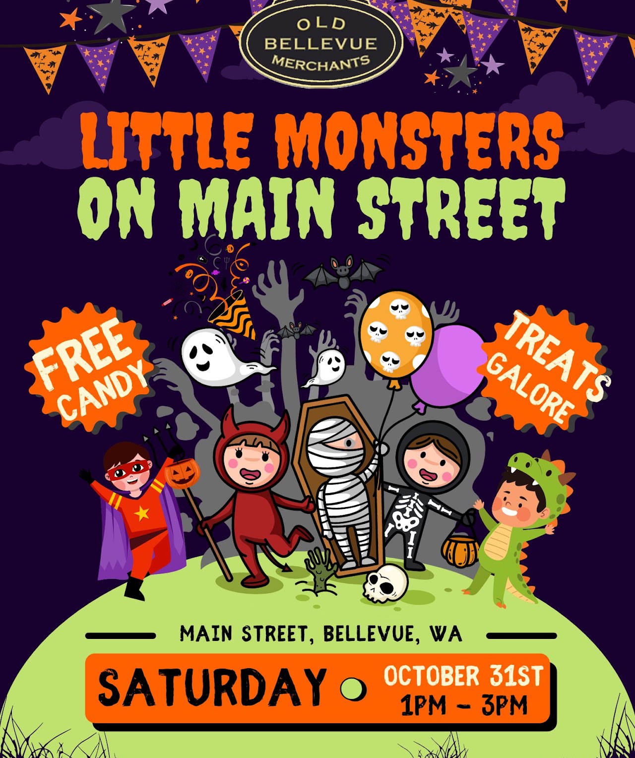 Little Monsters on Main Street: free Halloween trick-or-treating in Old Bellevue, Saturday October 31, 1–3 p.m.